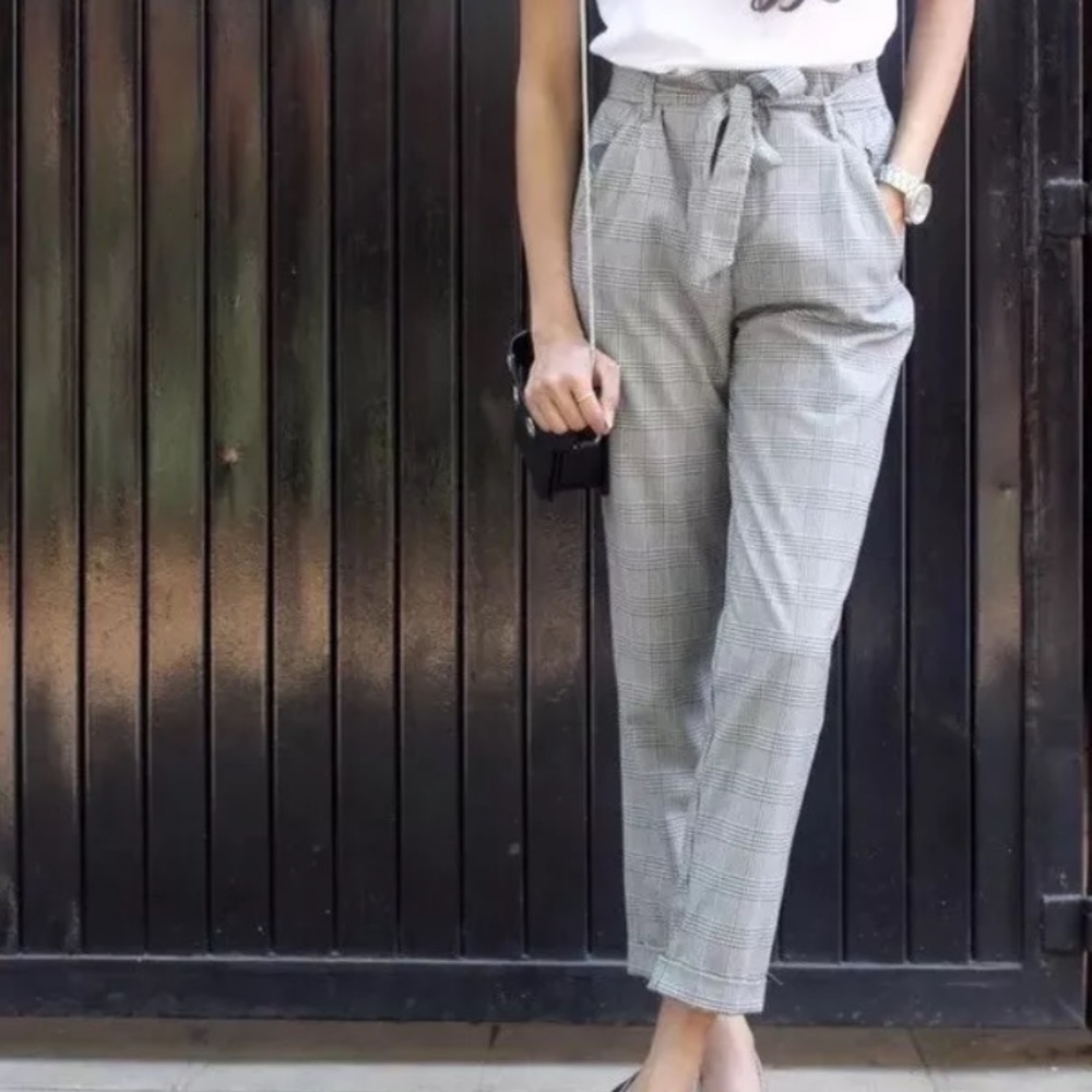 Zara Trafaluc plaid paper bag trousers